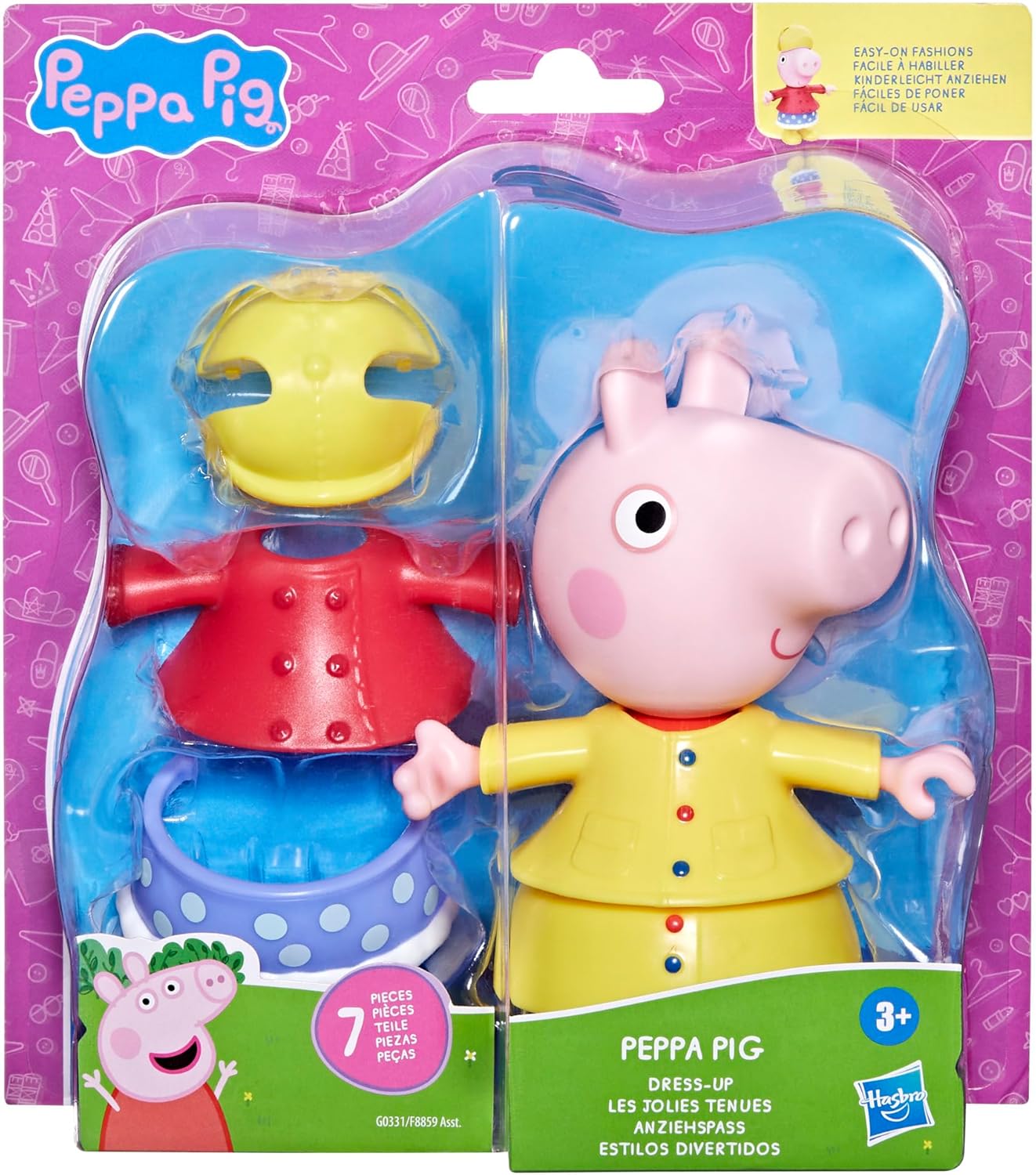 Peppa Pig Dress-Up Figure, 15 cm Doll with 6 Rain & Snow Fashion Accessories, Mix and Match Outfits for Weather Play, Toys for Children Ages 3+, Creative Role Playing Toy Set Present For Girls & Boys