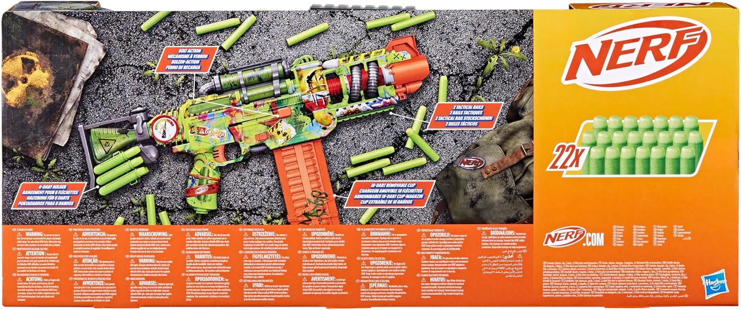 Nerf Zombie Corrupter Dart Blaster, 18-Dart Clip, 22 Nerf Elite Darts, Foam Dart Blaster for Kids 8+, Ambidextrous Bolt & 2 Tactical Rails, Great Gifts For Children, Halloween costume accessory