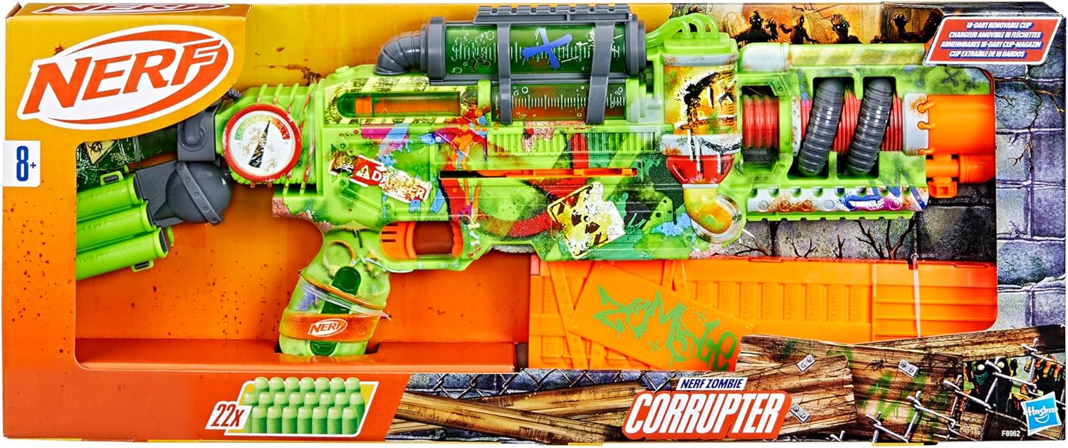 Nerf Zombie Corrupter Dart Blaster, 18-Dart Clip, 22 Nerf Elite Darts, Foam Dart Blaster for Kids 8+, Ambidextrous Bolt & 2 Tactical Rails, Great Gifts For Children, Halloween costume accessory