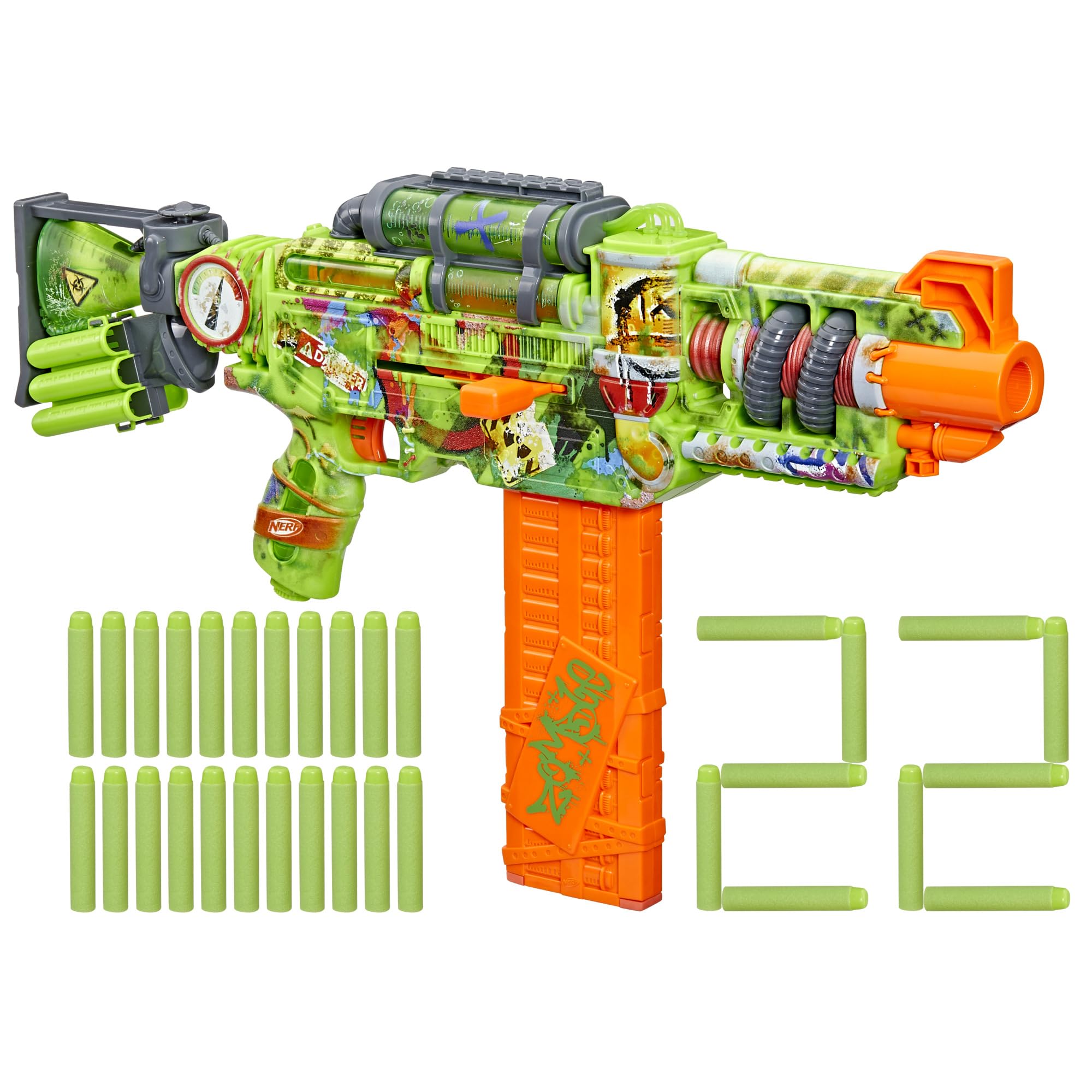 Nerf Zombie Corrupter Dart Blaster, 18-Dart Clip, 22 Nerf Elite Darts, Foam Dart Blaster for Kids 8+, Ambidextrous Bolt & 2 Tactical Rails, Great Gifts For Children, Halloween costume accessory