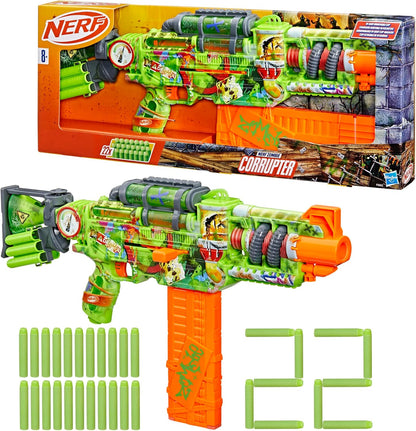 Nerf Zombie Corrupter Dart Blaster, 18-Dart Clip, 22 Nerf Elite Darts, Foam Dart Blaster for Kids 8+, Ambidextrous Bolt & 2 Tactical Rails, Great Gifts For Children, Halloween costume accessory