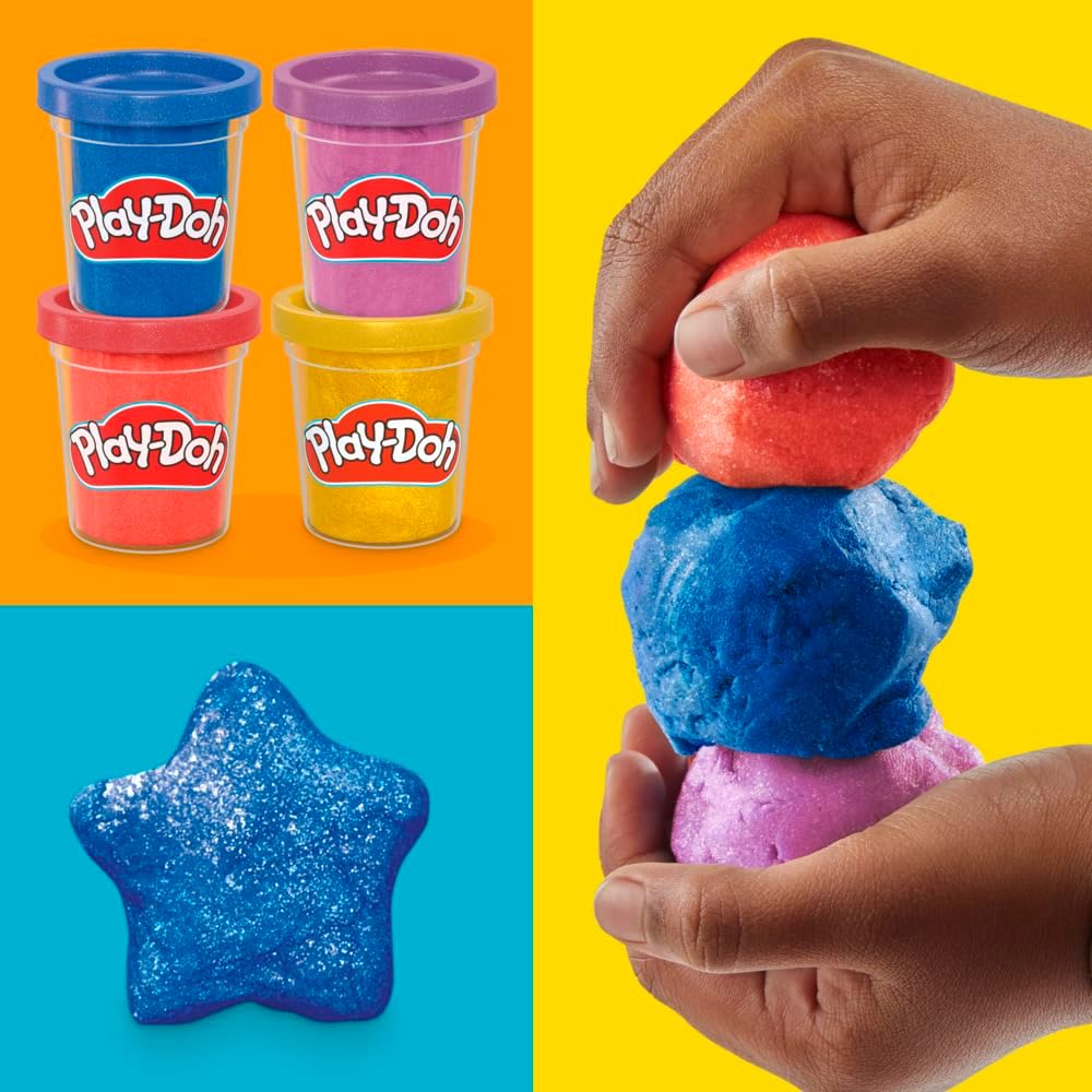 Play-Doh 4-Pack Shimmer Clay, Sparkling Metallic Compound Tubs (Dark Blue, Red, Purple & Gold), Arts and Crafts Toys for Kids (2+), Non-Toxic Modelling Compound, Gift for Kids