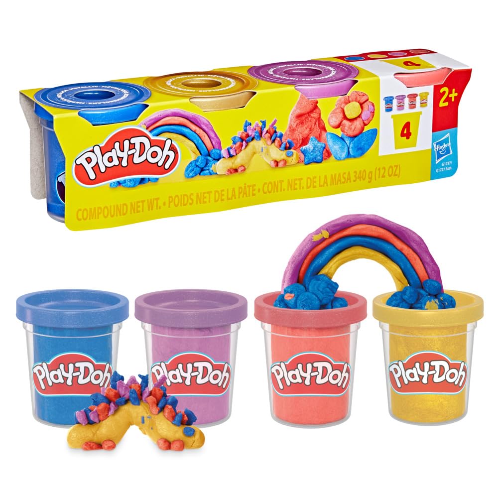 Play-Doh 4-Pack Shimmer Clay, Sparkling Metallic Compound Tubs (Dark Blue, Red, Purple & Gold), Arts and Crafts Toys for Kids (2+), Non-Toxic Modelling Compound, Gift for Kids