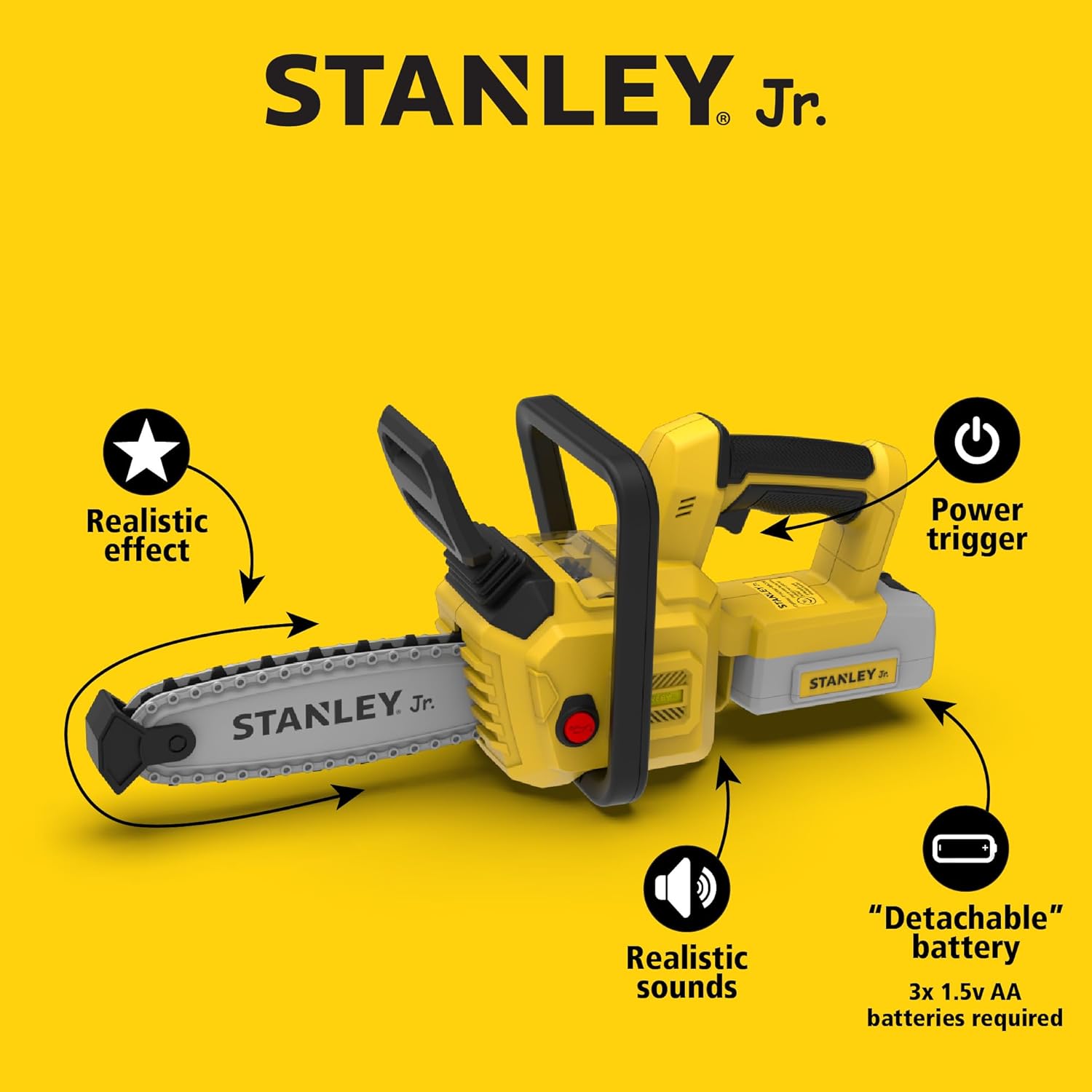 Stanley Jr. Battery-Operated Chainsaw – Realistic Toy Chainsaw Tool with Safe Rotating Chain & Sounds | Durable Pretend Play Chainsaw for Kids Ages 3+ | Includes Batteries