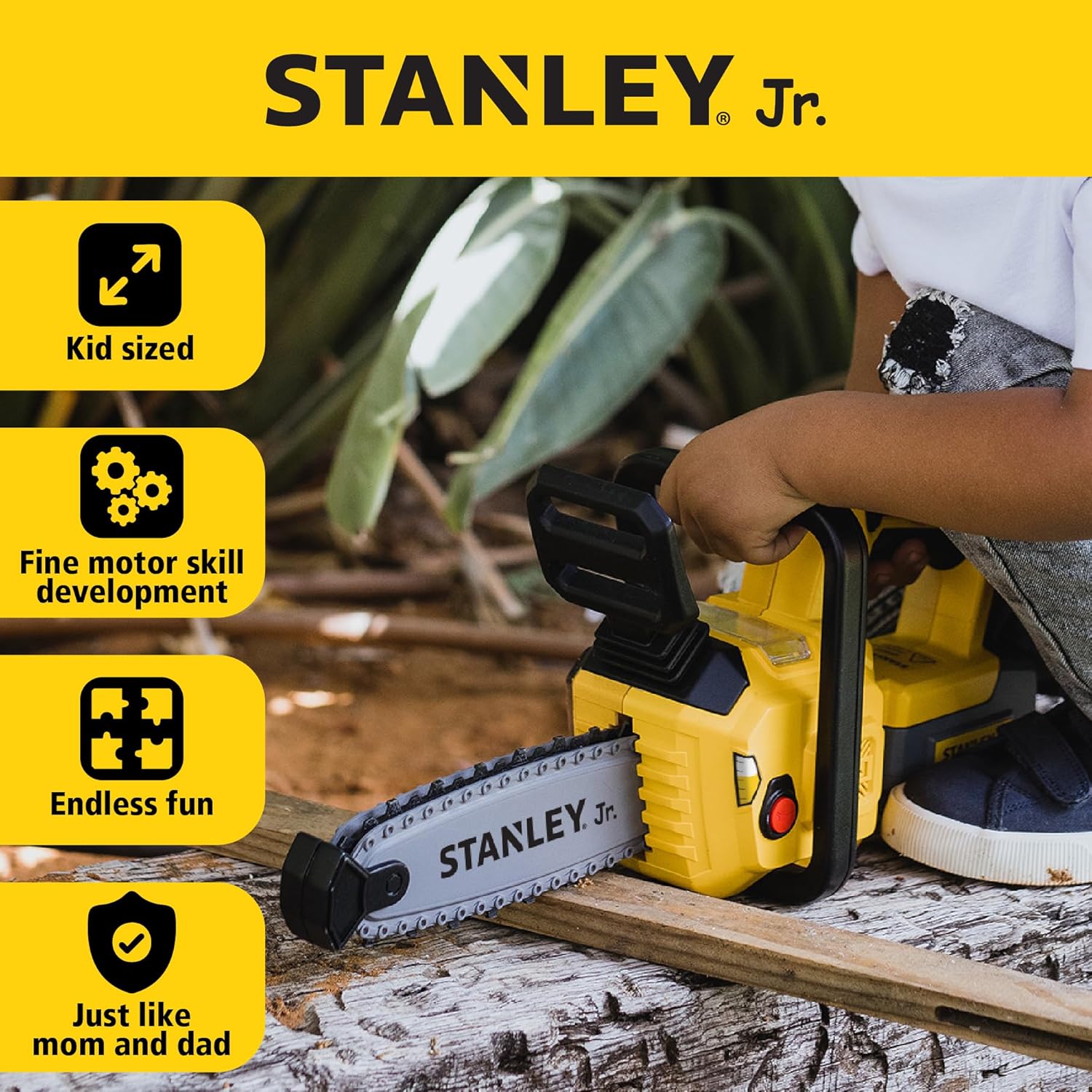 Stanley Jr. Battery-Operated Chainsaw – Realistic Toy Chainsaw Tool with Safe Rotating Chain & Sounds | Durable Pretend Play Chainsaw for Kids Ages 3+ | Includes Batteries
