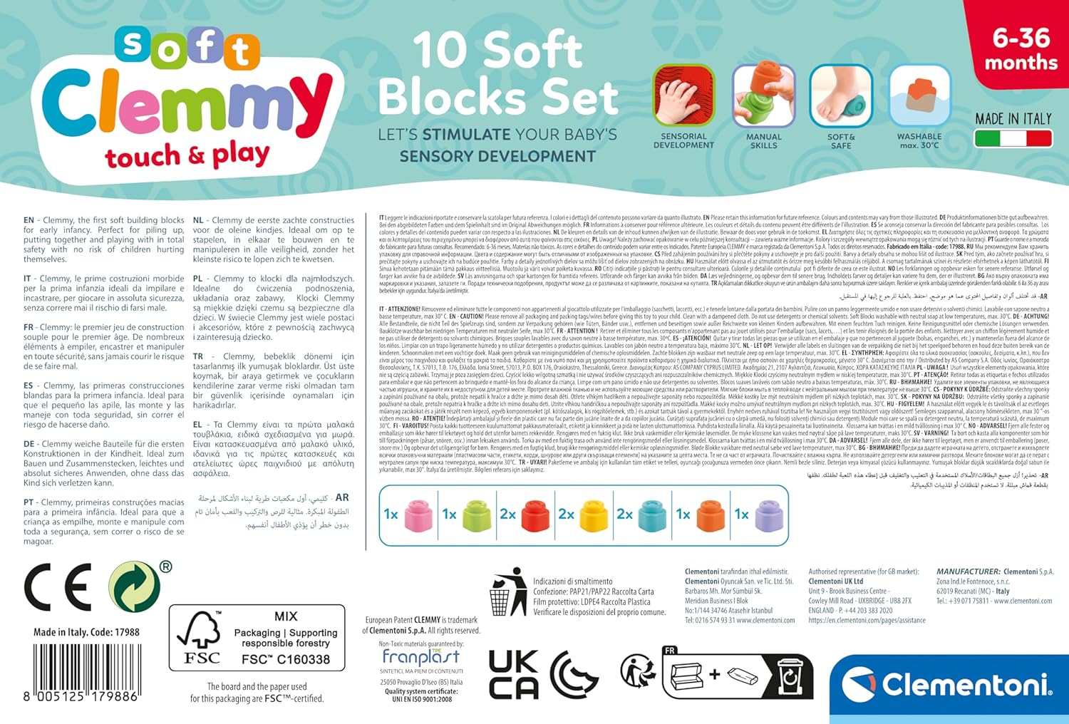 Clementoni Baby Blocks - Clemmy 10 Soft Building Blocks Set - Soft Building Blocks, Clemmy Blocks Kids 6 Months, Bricks Washable, Construction Set, Development & Activity Toy, Made In Italy, 17988