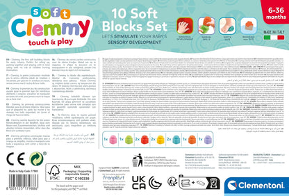 Clementoni Baby Blocks - Clemmy 10 Soft Building Blocks Set - Soft Building Blocks, Clemmy Blocks Kids 6 Months, Bricks Washable, Construction Set, Development & Activity Toy, Made In Italy, 17988