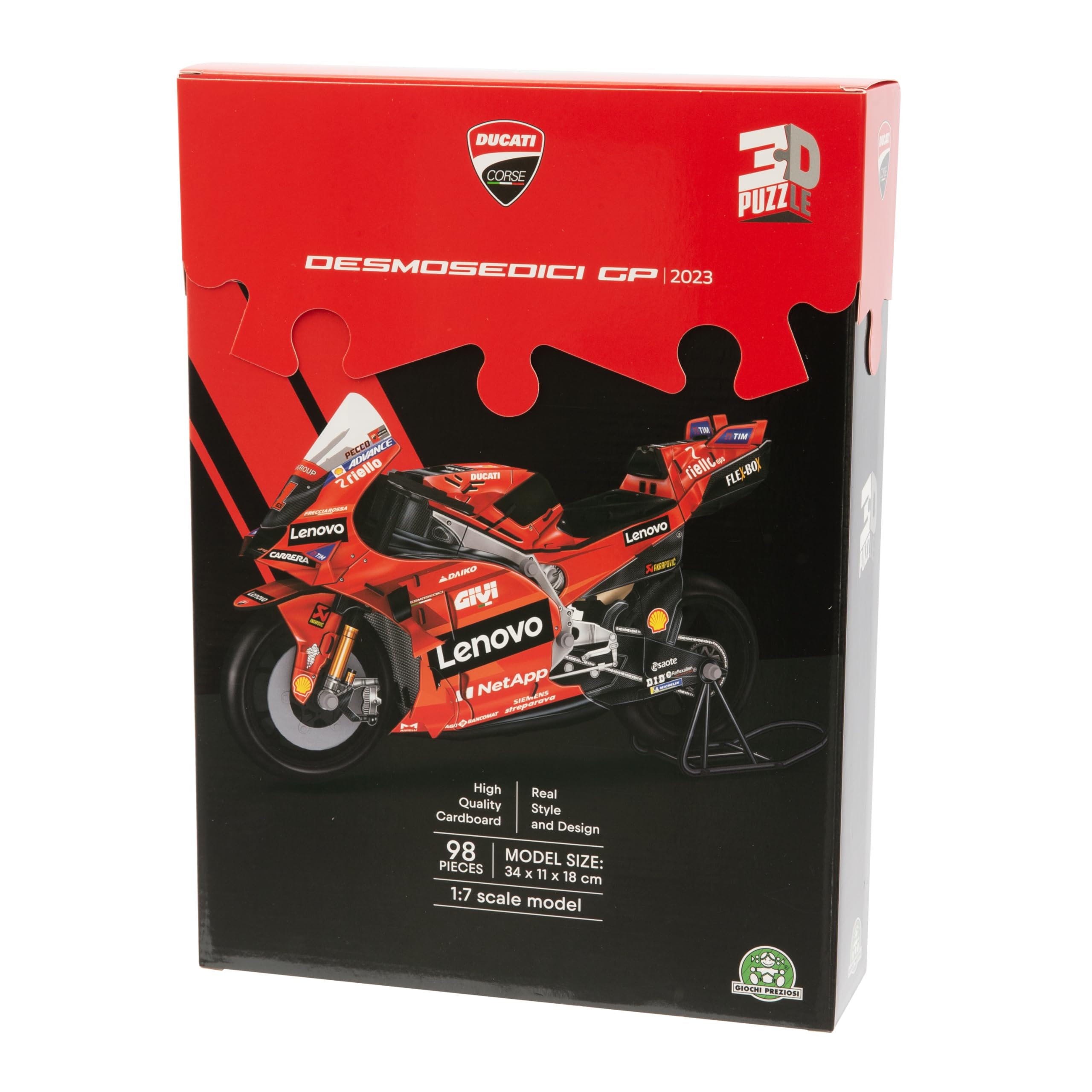 GP Sport Ducati Desmosedici 3D Authentic Motorbike Jigsaw Puzzle – 120 Pieces, Official Licensed Livery, Easy Assembly, No Tools or Glue Required, Plastic Tyres, Durable Cardboard – 30x11.2x17.5cm