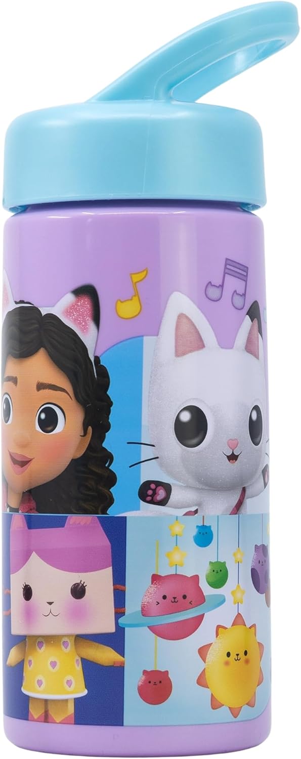 Gabby's Dollhouse Sports Water Bottle with Straw and Built-in Handle 410ml, light pink, Estándar, Casual
