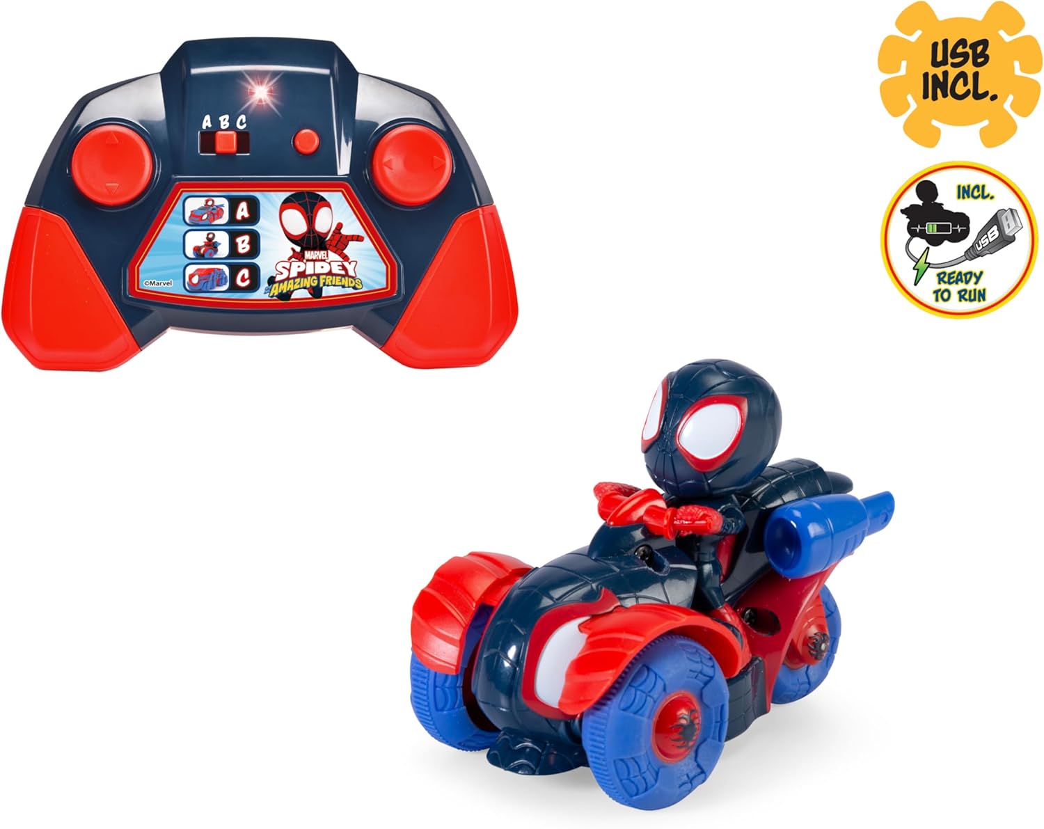 Dickie Toys RC Car RC Spin Techno-Racer with Miles Morales (8 cm) - Remote Controlled Toy Car for Children from 3 Years to Marvel Spidey and His Super Friends, 6 km/h, Includes Remote Control
