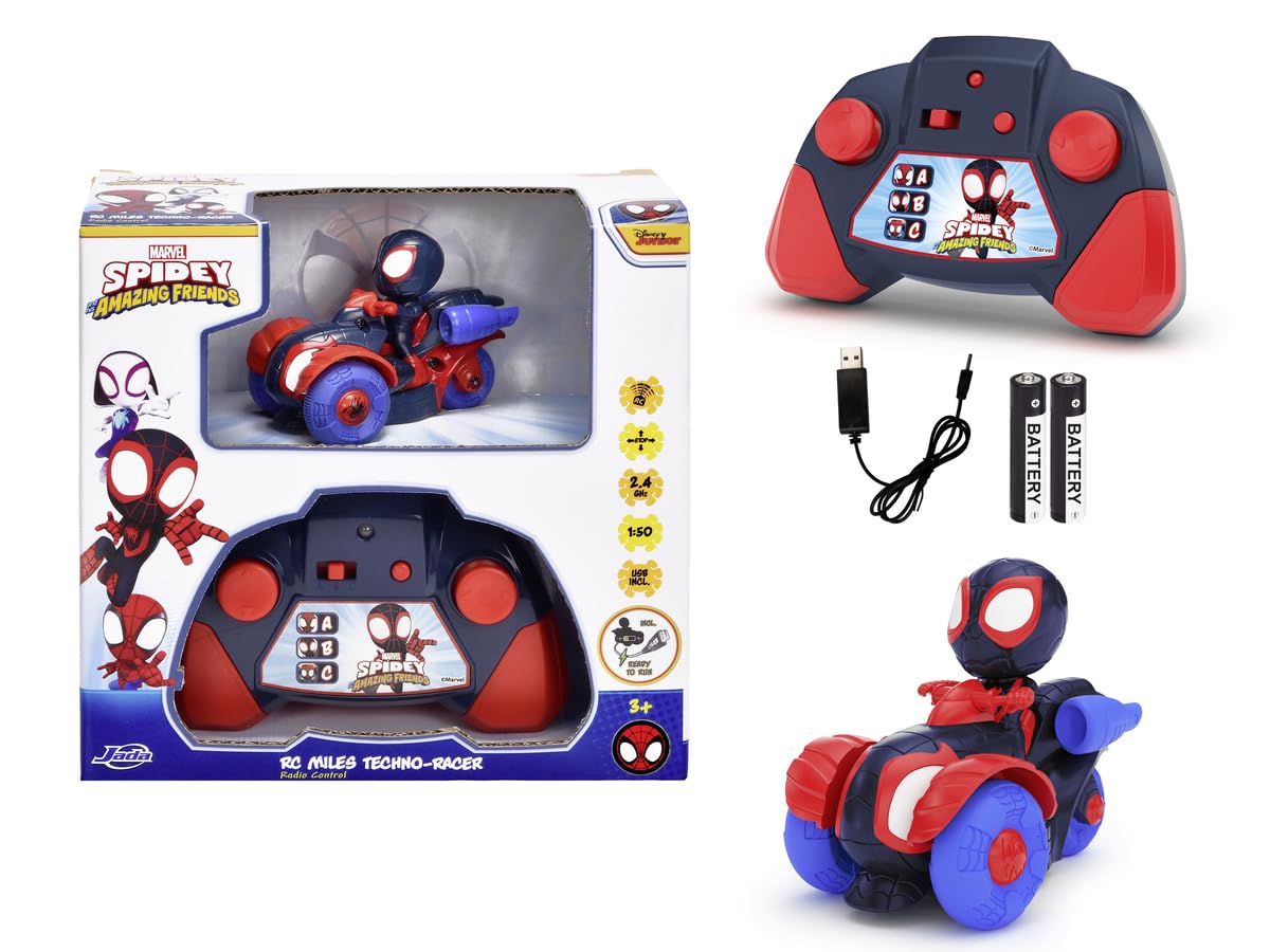 Dickie Toys RC Car RC Spin Techno-Racer with Miles Morales (8 cm) - Remote Controlled Toy Car for Children from 3 Years to Marvel Spidey and His Super Friends, 6 km/h, Includes Remote Control