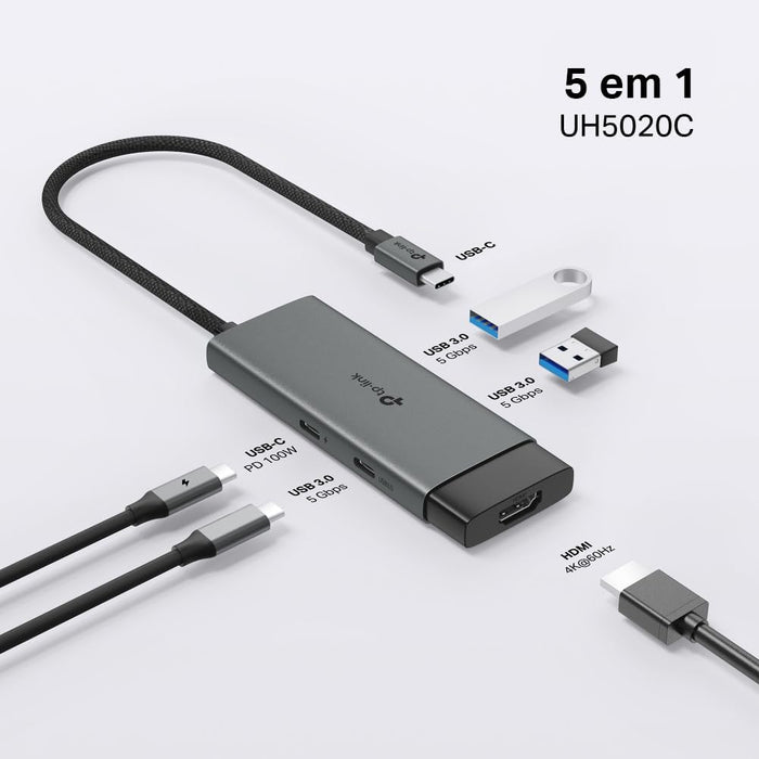 TP-Link UH5020C Hub USB-C 5 in 1-2 porte USB 3.0, 2 porte USB-C, design compatto e leggero, ad alta velocità di trasferimento dati, Plug & Play per PC, Mac e dispositivi USB-C