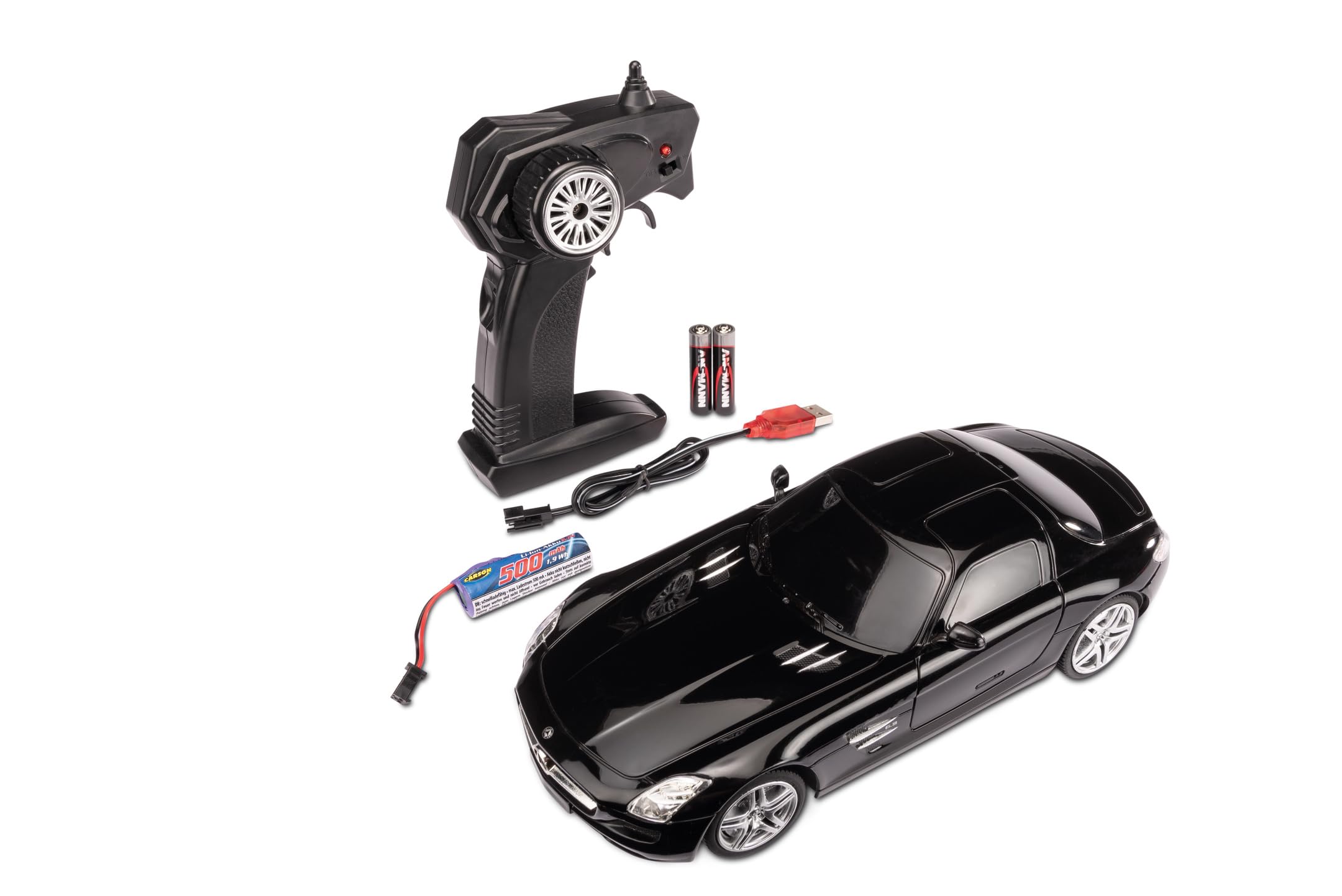 Carson 500404310 1:24 Mercedes Benz SLS AMG 2.4G 100% RTR schwarz - Ferngesteuertes Auto, LED-Beleuchtung, RC Auto, RC Fahrzeug, RC Auto 1:24, Ferngesteuertes Spielzeug