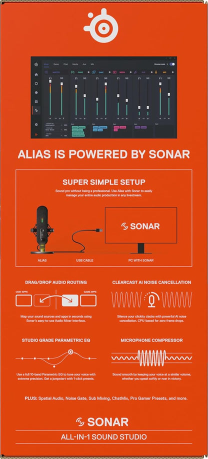 SteelSeries Alias Mic USB per PC - Capsula 3x più grande per il gioco, lo streaming e il podcasting - Cancellazione del rumore AI - LED per il mute e il monitoraggio del livello - Supporto antiurto