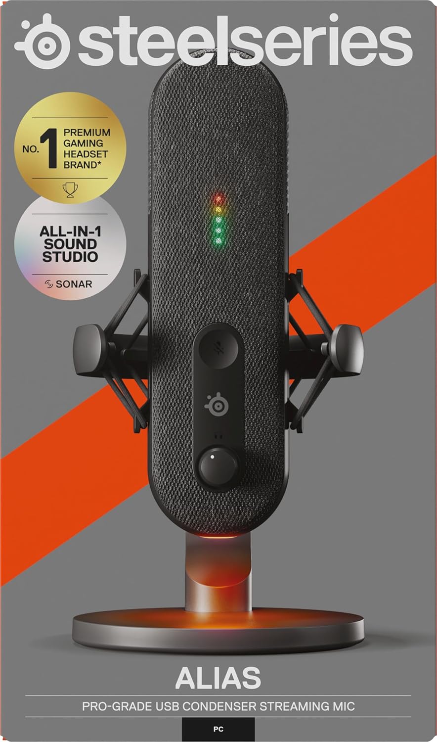 SteelSeries Alias Mic USB per PC - Capsula 3x più grande per il gioco, lo streaming e il podcasting - Cancellazione del rumore AI - LED per il mute e il monitoraggio del livello - Supporto antiurto