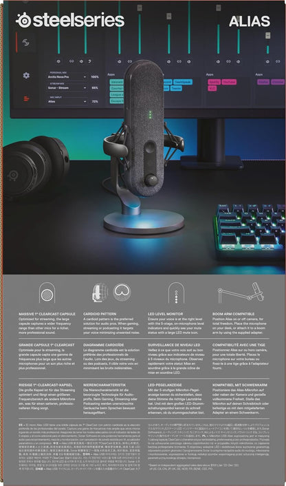 SteelSeries Alias Mic USB per PC - Capsula 3x più grande per il gioco, lo streaming e il podcasting - Cancellazione del rumore AI - LED per il mute e il monitoraggio del livello - Supporto antiurto