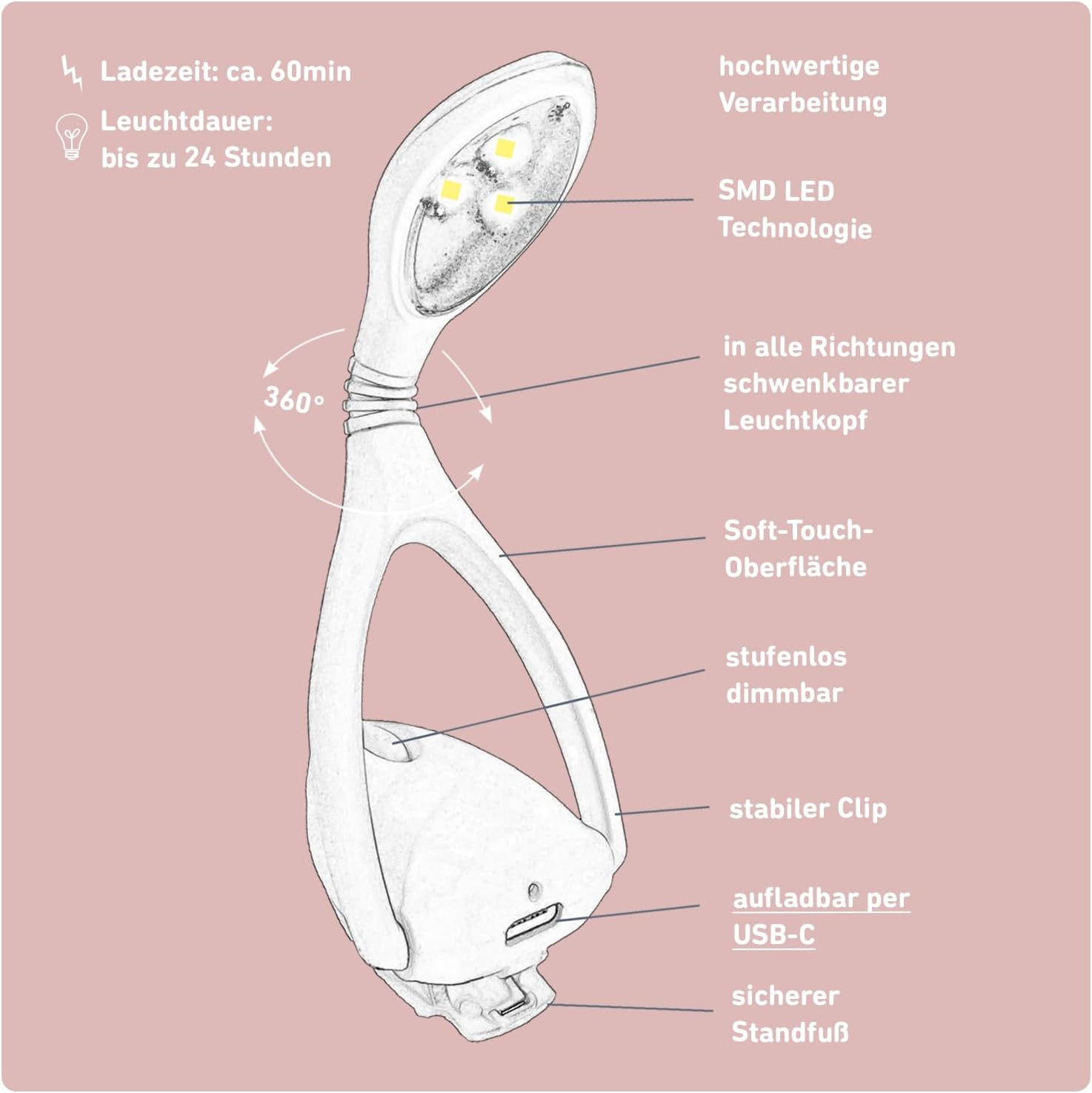 Oplaadbaar Leeslampje - Roze