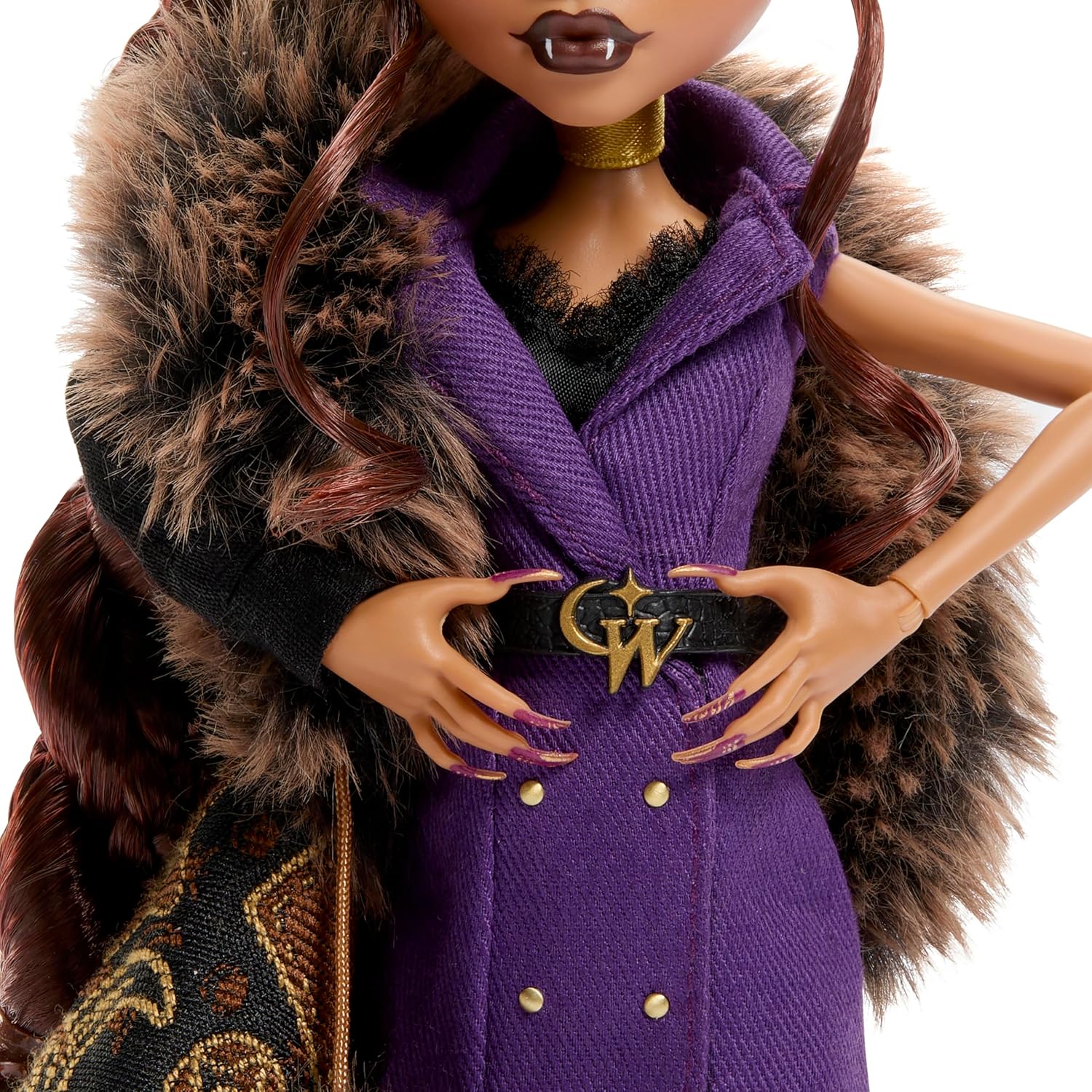Monster High Doll, Clawdeen Wolf House of Wolf Collectible with Faux Fur Jacquard Coat, Purple Blazer Dress, Pantaboots and Golden Accessories, JDR66