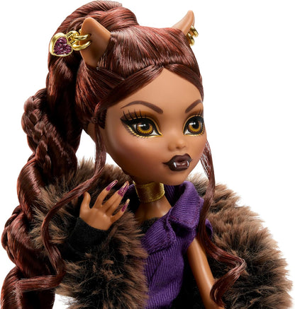 Monster High Doll, Clawdeen Wolf House of Wolf Collectible with Faux Fur Jacquard Coat, Purple Blazer Dress, Pantaboots and Golden Accessories, JDR66