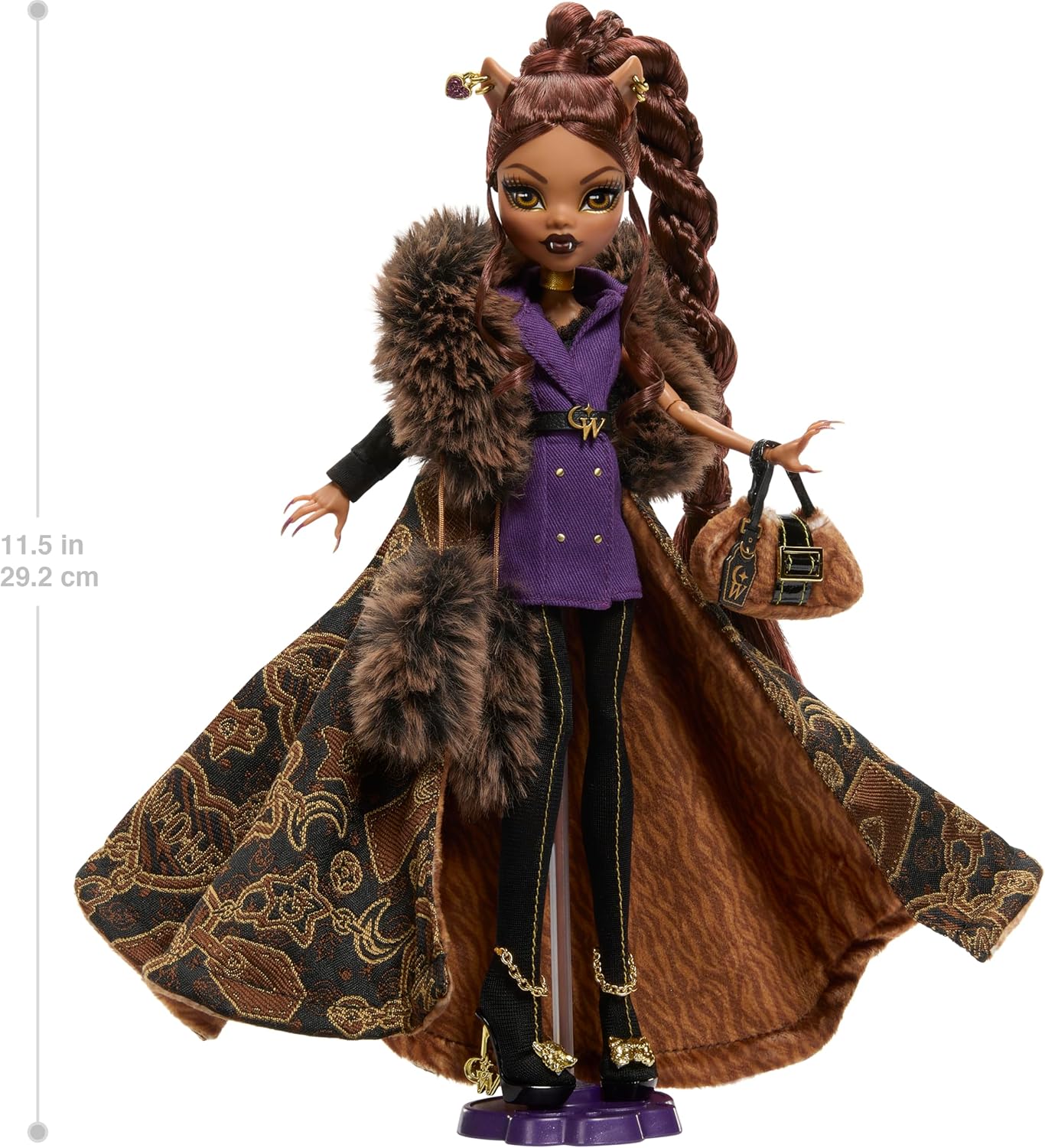 Monster High Doll, Clawdeen Wolf House of Wolf Collectible with Faux Fur Jacquard Coat, Purple Blazer Dress, Pantaboots and Golden Accessories, JDR66