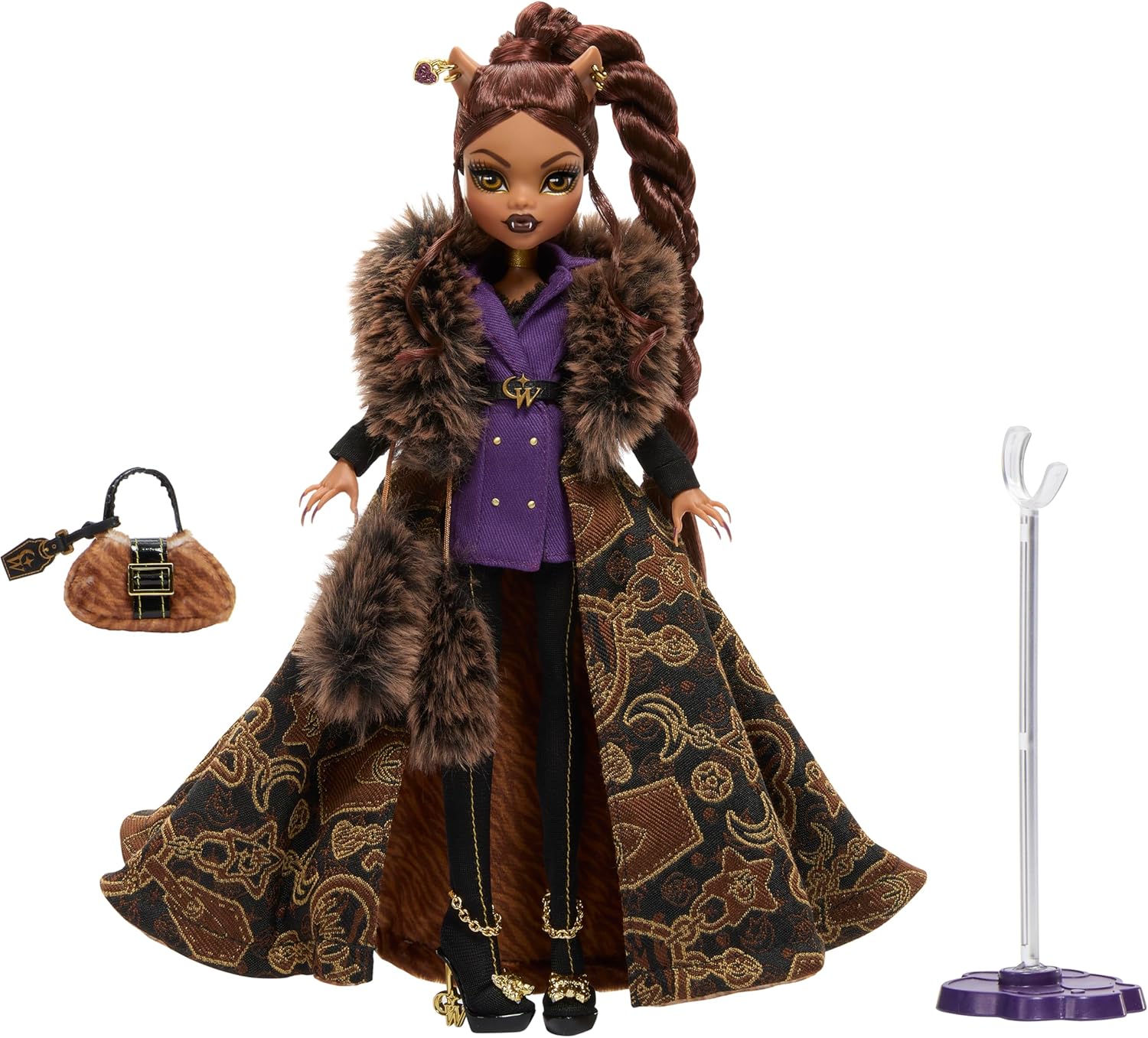 Monster High Doll, Clawdeen Wolf House of Wolf Collectible with Faux Fur Jacquard Coat, Purple Blazer Dress, Pantaboots and Golden Accessories, JDR66