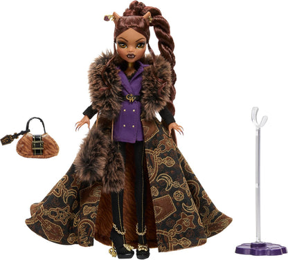 Monster High Doll, Clawdeen Wolf House of Wolf Collectible with Faux Fur Jacquard Coat, Purple Blazer Dress, Pantaboots and Golden Accessories, JDR66