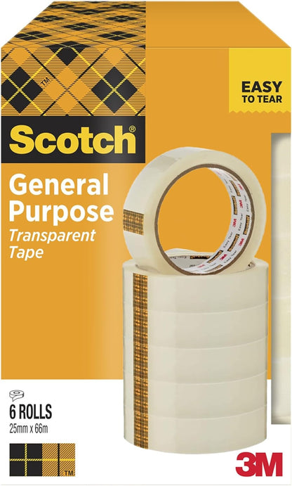 Scotch 508 Transparent Tape, Pack of 6 Rolls, 25 mm x 66 m - Strong and Sticky Tape for General Purpose Wrapping, Sealing and Mending - Cardboard Pack