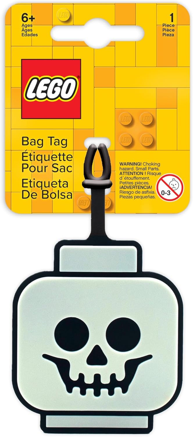 Lego Minifigures Bag Tag - Skeleton Head Glow in The Dark (53648), Trick or Treat Accessory, Halloween Theme Luggage Tag, Silicone