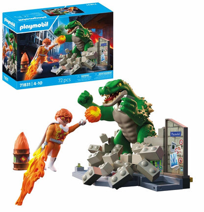 Playmobil - Heroes - Hero Showdown with the Giant Lizard - Toy for ages 4 and up - Gift for children - Exciting action set - With movable giant lizard and breakable wall - 71831