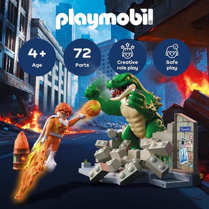 Playmobil - Heroes - Hero Showdown with the Giant Lizard - Toy for ages 4 and up - Gift for children - Exciting action set - With movable giant lizard and breakable wall - 71831