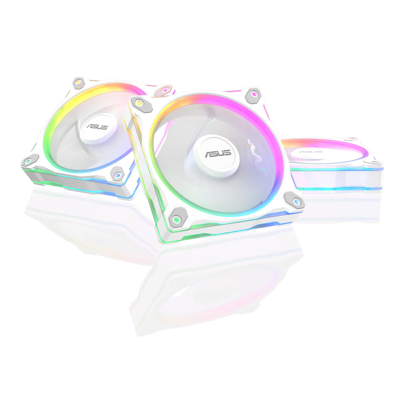 ASUS Prime MR120 ARGB, Ventola per Case da 120 mm, Spessore Telaio 2,8 cm, 20 LED ARGB Compatibili con Aura Sync per Illuminazione da Entrambi i Lati, Massimo 21 dB di Rumore, 3 Pezzi, Bianco