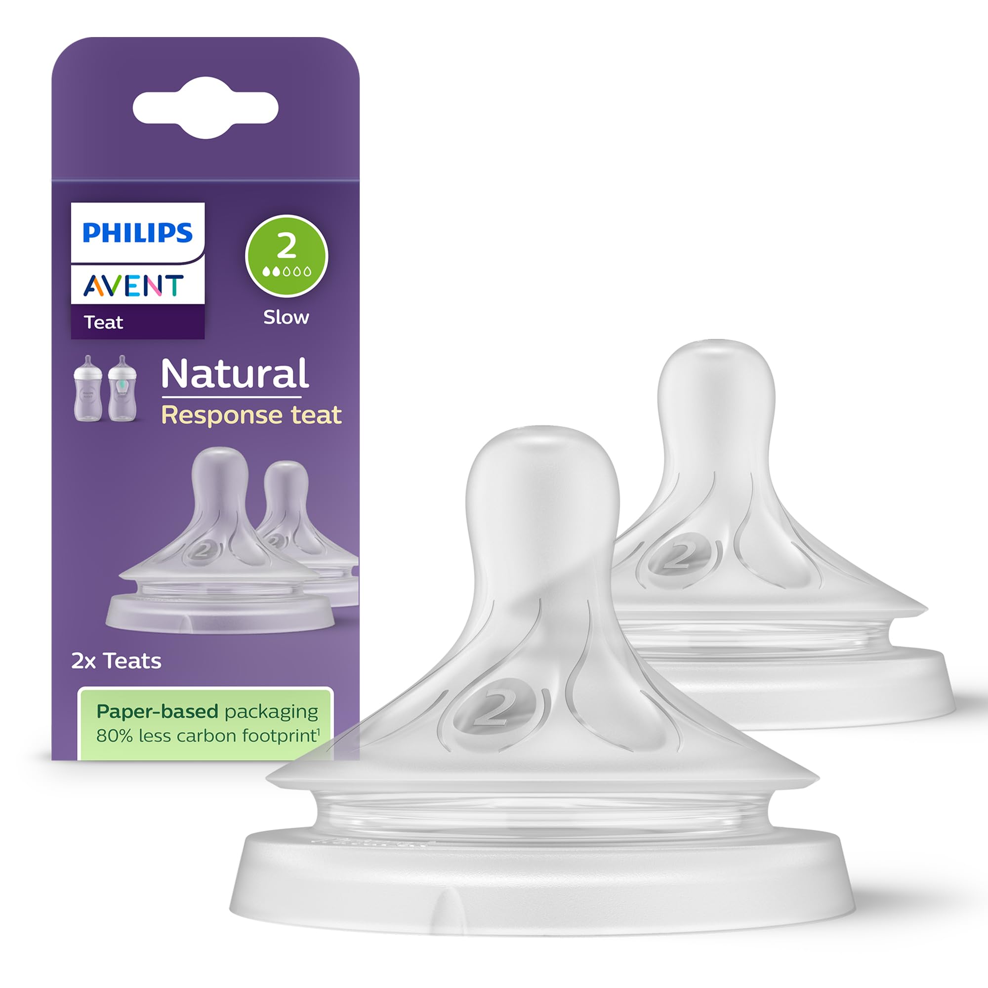 Philips Avent Natural Response-flesspeen - 2 spenen Flow 2 voor babyfles, voor pasgeboren baby's, 0 maanden en ouder, BPA-vrij (model SCY962/02