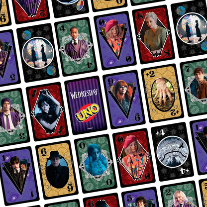 Mattel Games UNO Wednesday Card Game for Kid, Adult & Family Nights, Parties, Travel & Camping, Toy Collectible Inspired by the Series, JHB18