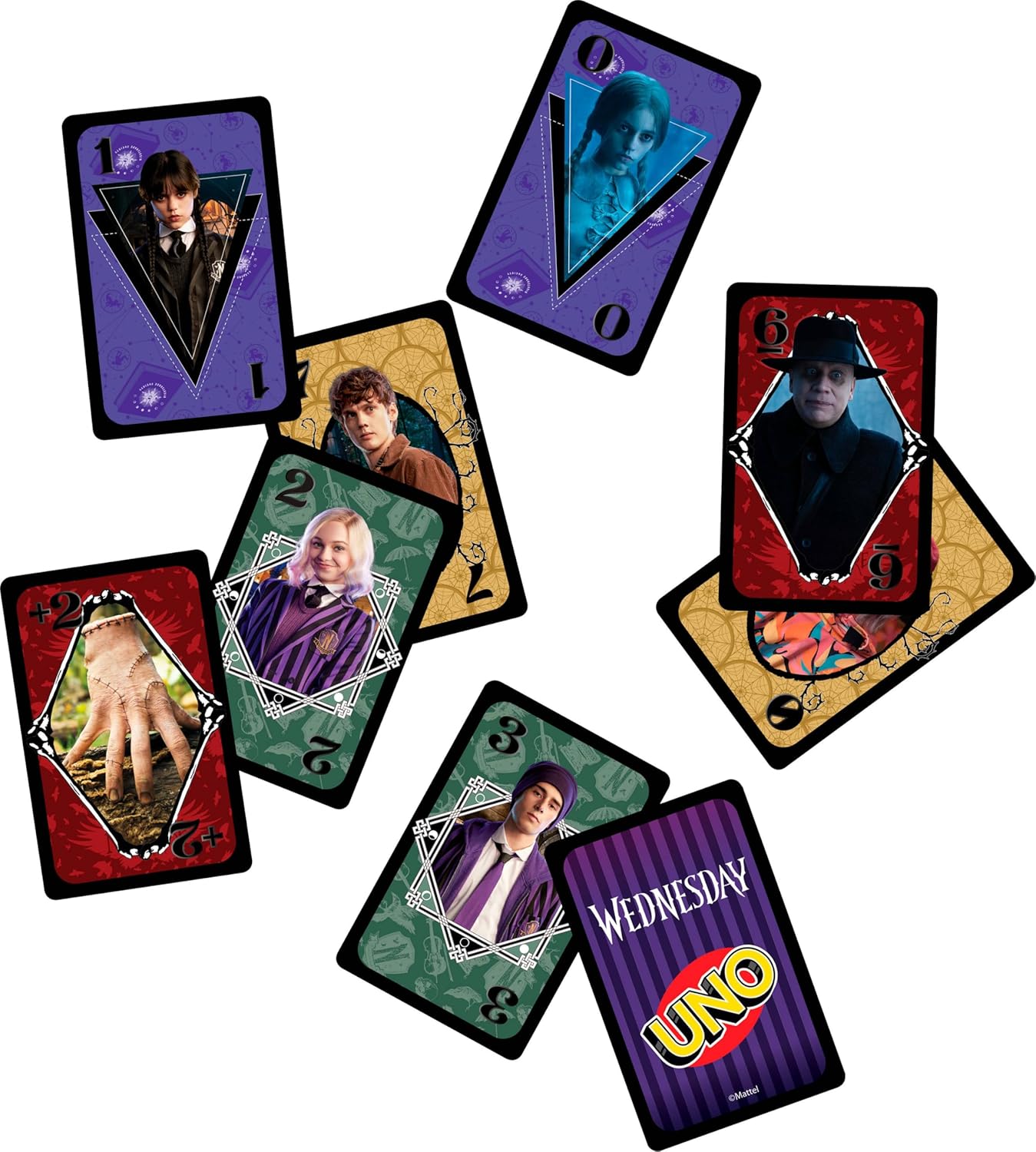 Mattel Games UNO Wednesday Card Game for Kid, Adult & Family Nights, Parties, Travel & Camping, Toy Collectible Inspired by the Series, JHB18