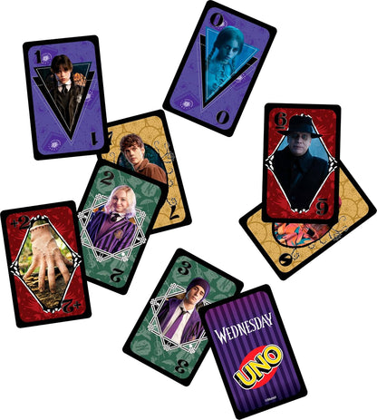 Mattel Games UNO Wednesday Card Game for Kid, Adult & Family Nights, Parties, Travel & Camping, Toy Collectible Inspired by the Series, JHB18