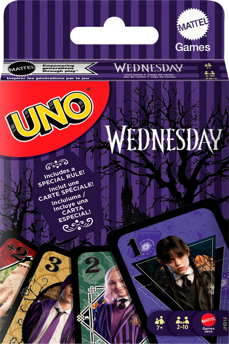Mattel Games UNO Wednesday Card Game for Kid, Adult & Family Nights, Parties, Travel & Camping, Toy Collectible Inspired by the Series, JHB18