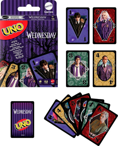 Mattel Games UNO Wednesday Card Game for Kid, Adult & Family Nights, Parties, Travel & Camping, Toy Collectible Inspired by the Series, JHB18