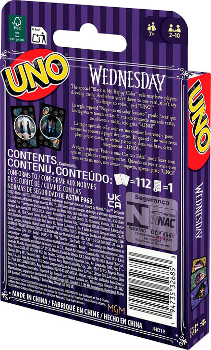 Mattel Games UNO Wednesday Card Game for Kid, Adult & Family Nights, Parties, Travel & Camping, Toy Collectible Inspired by the Series, JHB18
