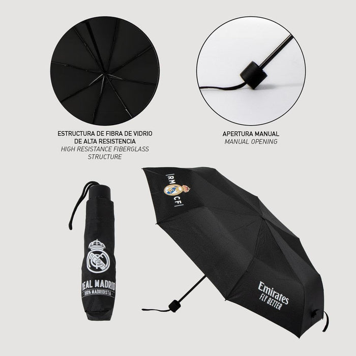 Official Real Madrid Manual Umbrella | Heavy Duty Folding Sports Umbrella for Fans