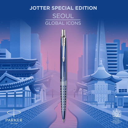 Penna a sfera Parker Jotter | Edizione speciale | Seoul Blue con puntale cromato | Punta media | Inchiostro blu | Confezione regalo