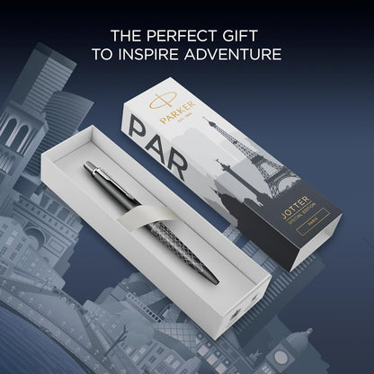 Penna a sfera Parker Jotter | Edizione speciale | Paris Grey con puntale cromato | Punta media | Inchiostro blu | Confezione regalo