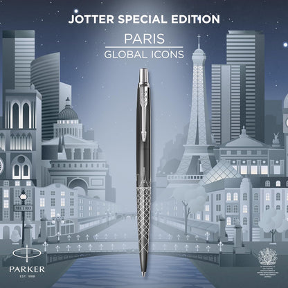Penna a sfera Parker Jotter | Edizione speciale | Paris Grey con puntale cromato | Punta media | Inchiostro blu | Confezione regalo