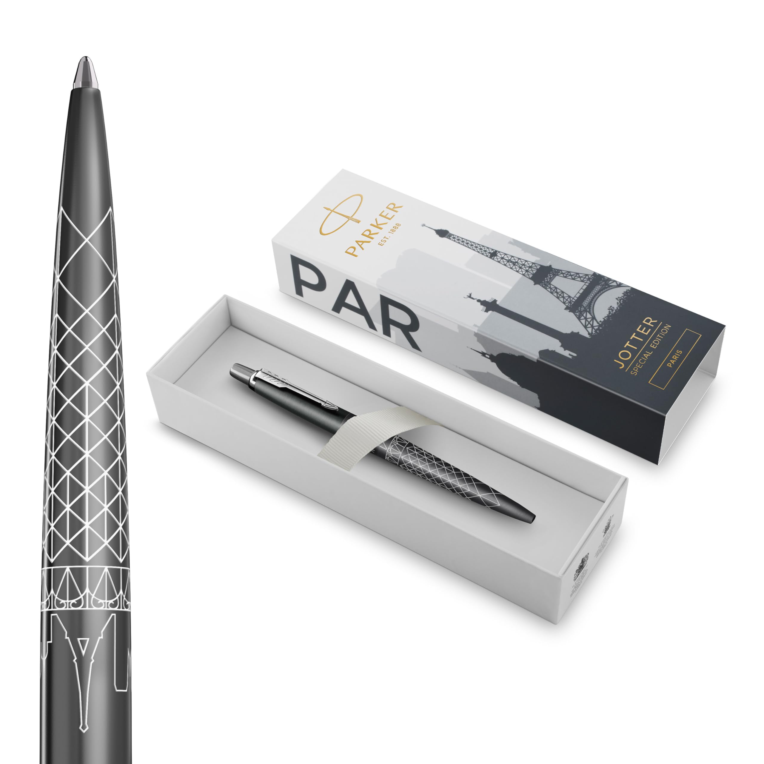 Penna a sfera Parker Jotter | Edizione speciale | Paris Grey con puntale cromato | Punta media | Inchiostro blu | Confezione regalo