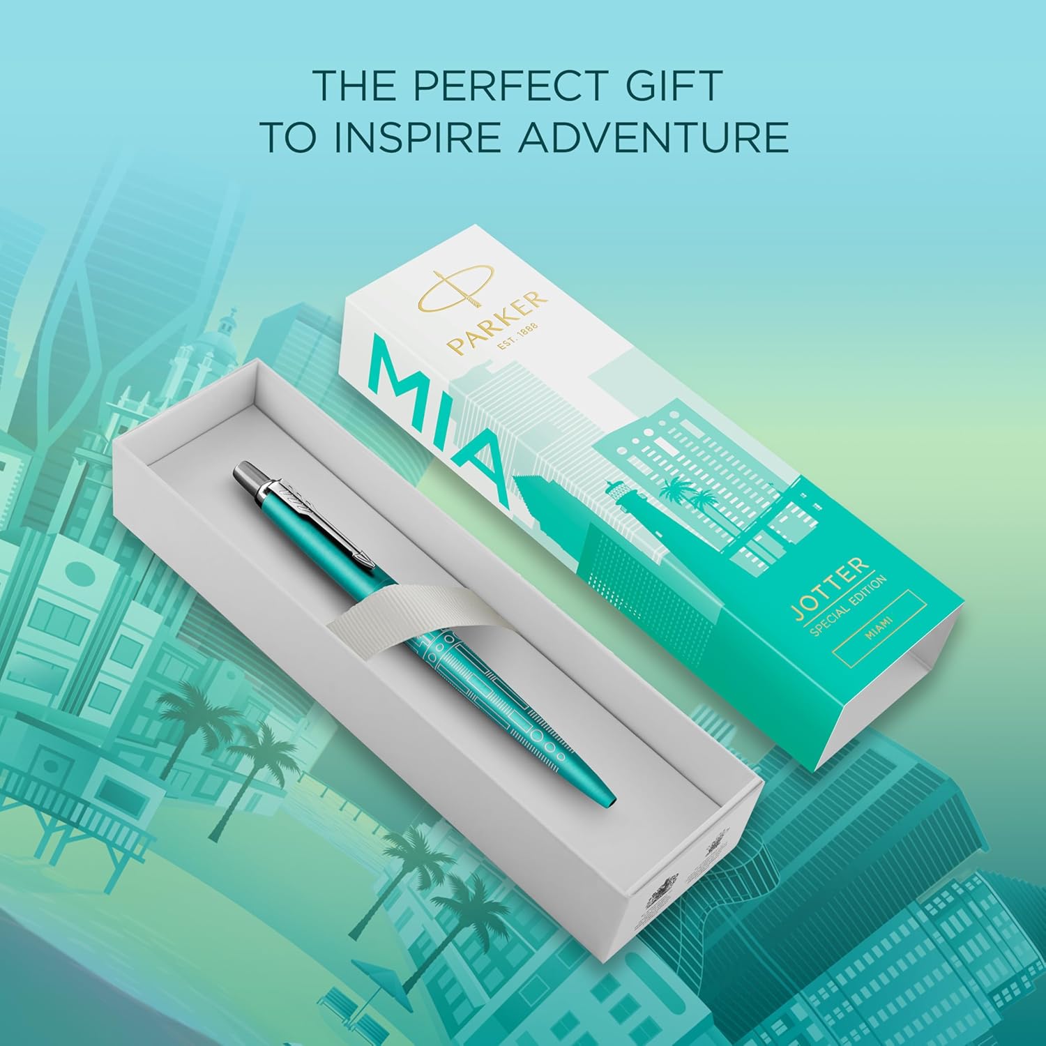 Penna a sfera Parker Jotter | Edizione speciale | Miami Turquoise con puntale cromato | Punta media | Inchiostro blu | Confezione regalo