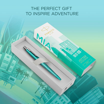 Penna a sfera Parker Jotter | Edizione speciale | Miami Turquoise con puntale cromato | Punta media | Inchiostro blu | Confezione regalo