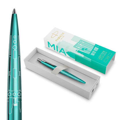 Penna a sfera Parker Jotter | Edizione speciale | Miami Turquoise con puntale cromato | Punta media | Inchiostro blu | Confezione regalo