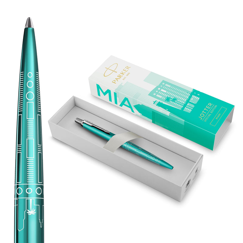 Penna a sfera Parker Jotter | Edizione speciale | Miami Turquoise con puntale cromato | Punta media | Inchiostro blu | Confezione regalo