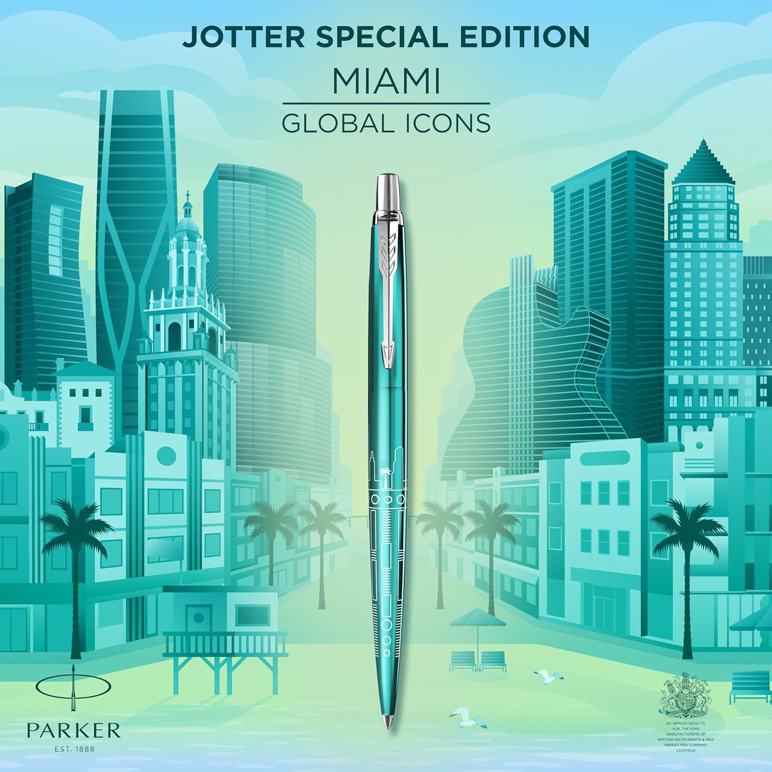 Penna a sfera Parker Jotter | Edizione speciale | Miami Turquoise con puntale cromato | Punta media | Inchiostro blu | Confezione regalo