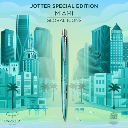 Penna a sfera Parker Jotter | Edizione speciale | Miami Turquoise con puntale cromato | Punta media | Inchiostro blu | Confezione regalo