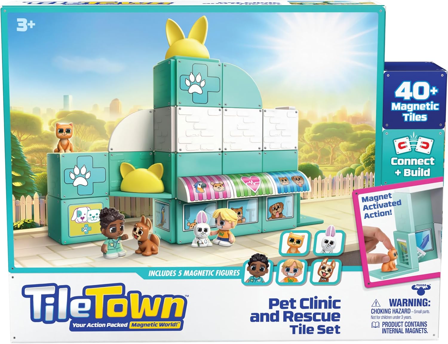 Tile Town Pet Vet Magnetic Tiles Construction Building Playset + Figures, Kids 3-5+, New ACTION TILES for Action Play, Realistic Builds, STEM Creative Toy, Great Gift for Boys & Girls
